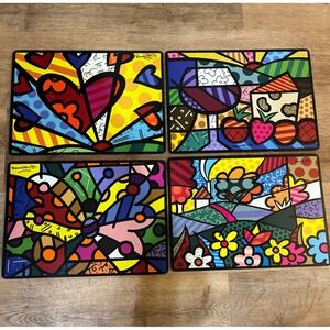 Romero Britto Pop Art Cork Backed Placemats Set of 4 Heart Butterfly Landscape